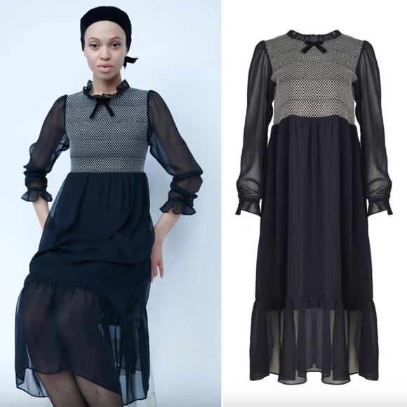 BATSHEVA | NWT Cosette Dress in Black Smocked Ruffle Midi 8 - Picture 1 of 13